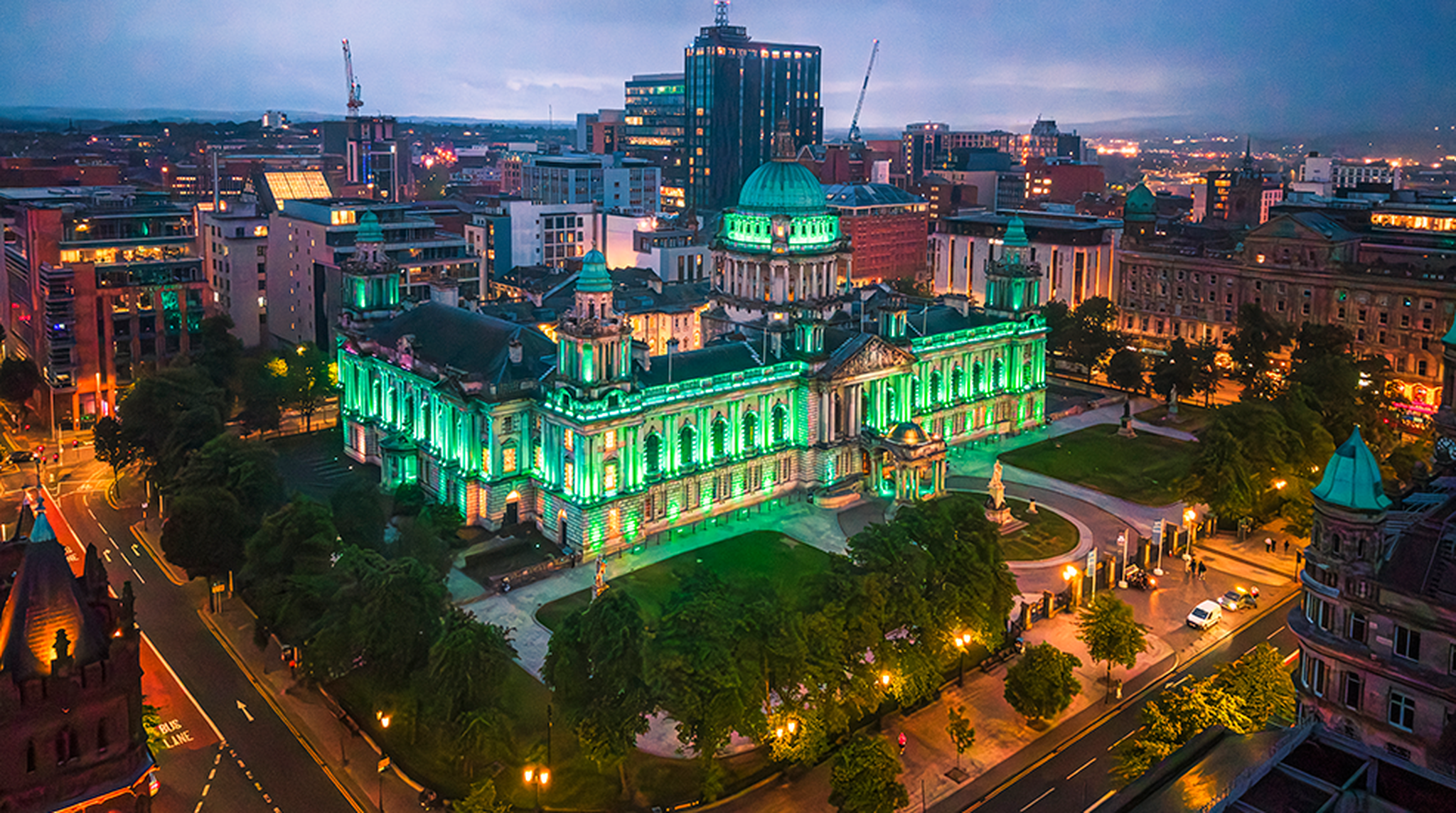 Aerial view of Donegall square with city hall in Belfast city during sunset, Northern Ireland, UK