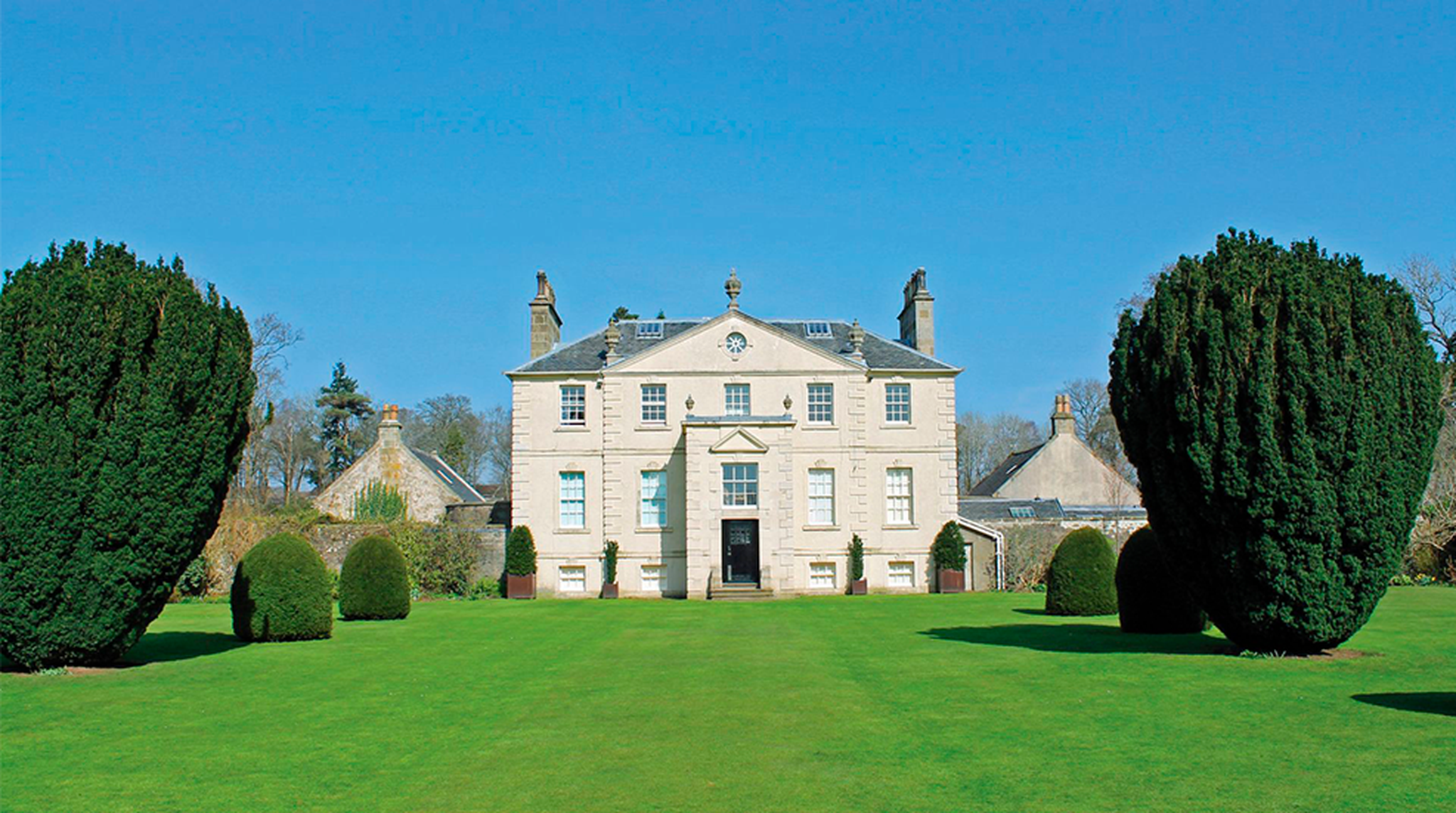 View of grand house and gardens at Greenbank Garden