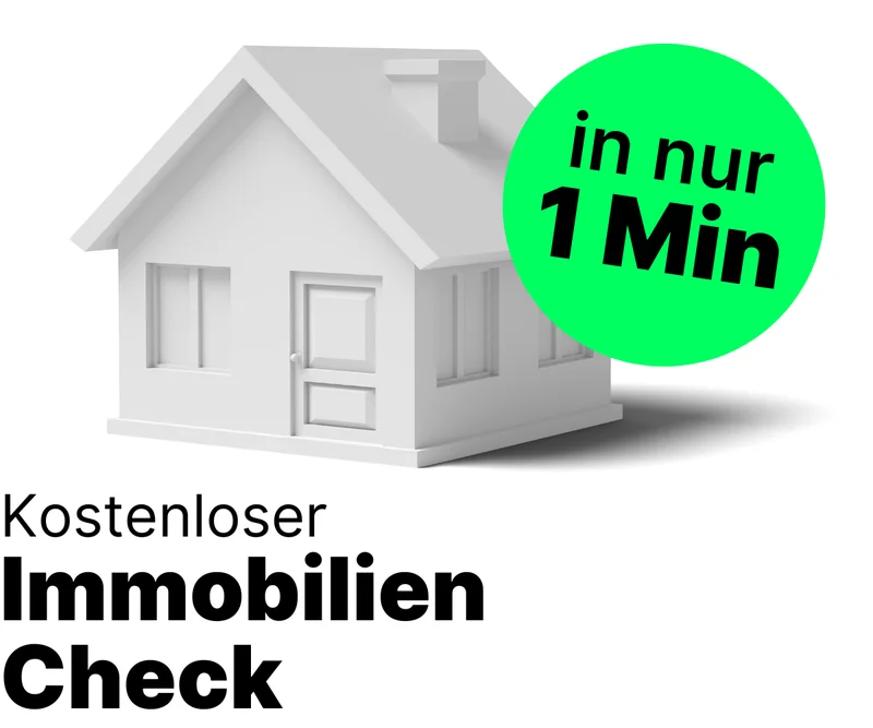 3D-Modell eines weißen Einfamilienhauses mit grünem Kreis und Text ‚in nur 1 Min‘ – Hinweis auf den schnellen VARM Immobiliencheck.