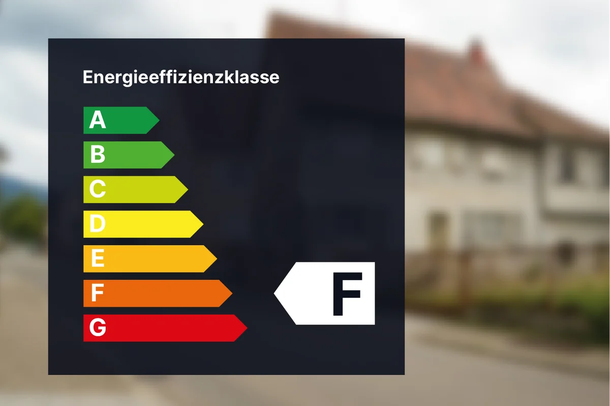 Energieeffizienz-Bewertungstabelle mit den Kategorien A bis G, wobei Klasse F hervorgehoben ist. Unscharfer Hintergrund eines Wohngebäudes.