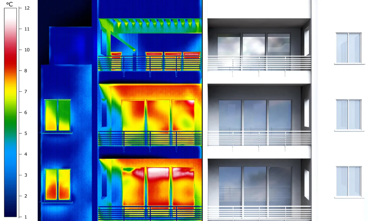 Thermografieaufnahme einer Hausfassade mit Balkonen, die starke Wärmeverluste in Rot- und Gelbtönen an Fenstern und Türen zeigt; daneben eine normale Fotodarstellung des Gebäudes zum Vergleich.