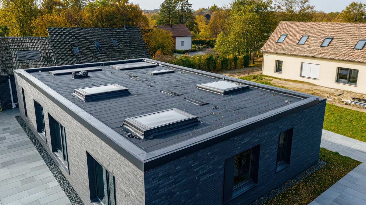 Modernes Flachdachgebäude mit Oberlichtern, umgeben von Bäumen und Nachbarhäusern unter klarem Himmel.