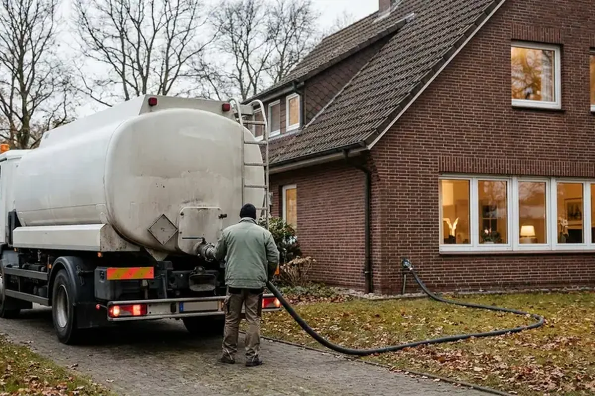 Heizöl-Lieferung: Ein Tankwagen ohne Firmenlogo befüllt über einen Schlauch den Öltank eines Einfamilienhauses mit roter Klinkerfassade.