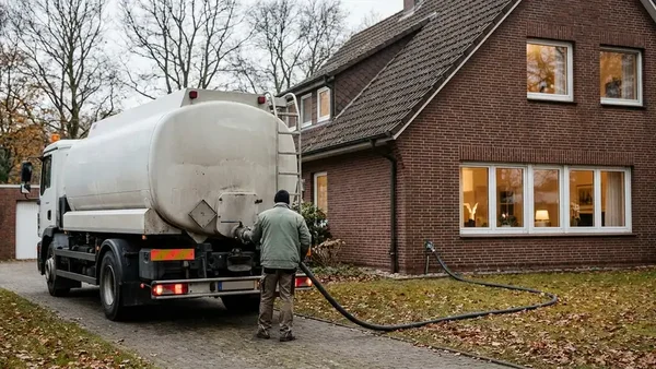 Heizöl-Lieferung: Ein Tankwagen ohne Firmenlogo befüllt über einen Schlauch den Öltank eines Einfamilienhauses mit roter Klinkerfassade.