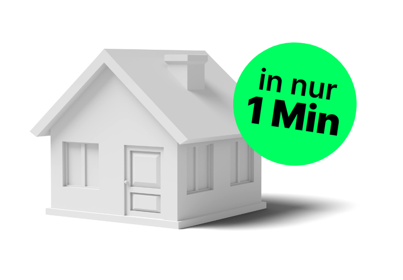 3D-Modell eines weißen Einfamilienhauses mit grünem Kreis und Text ‚in nur 1 Min‘ – Hinweis auf den schnellen VARM Immobiliencheck.