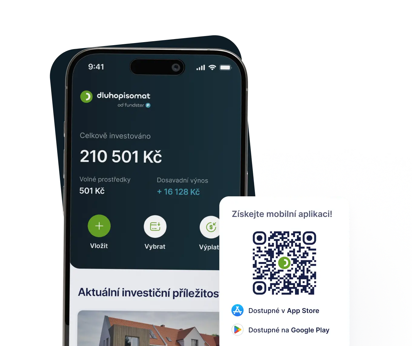 Mobilní aplikace dluhopisomat zobrazená na dvou telefonech s přehledem investic a výplat; v popředí je karta s QR kódem pro stažení aplikace v App Store a Google Play.