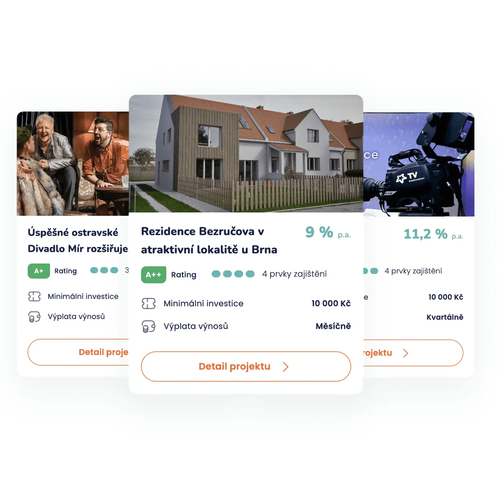 Tři karty s nabídkami investičních projektů na Dluhopisomatu