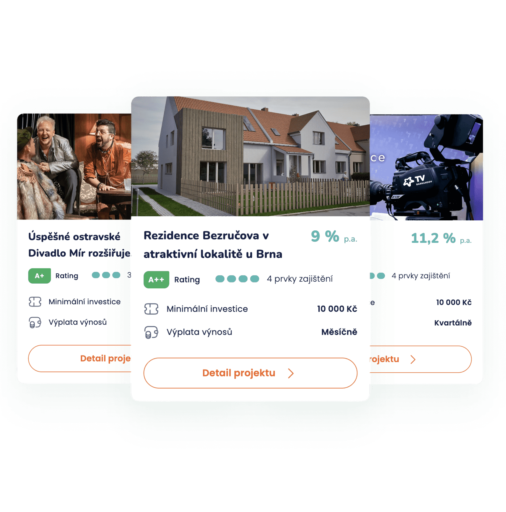 Tři karty s nabídkami investičních projektů na Dluhopisomatu