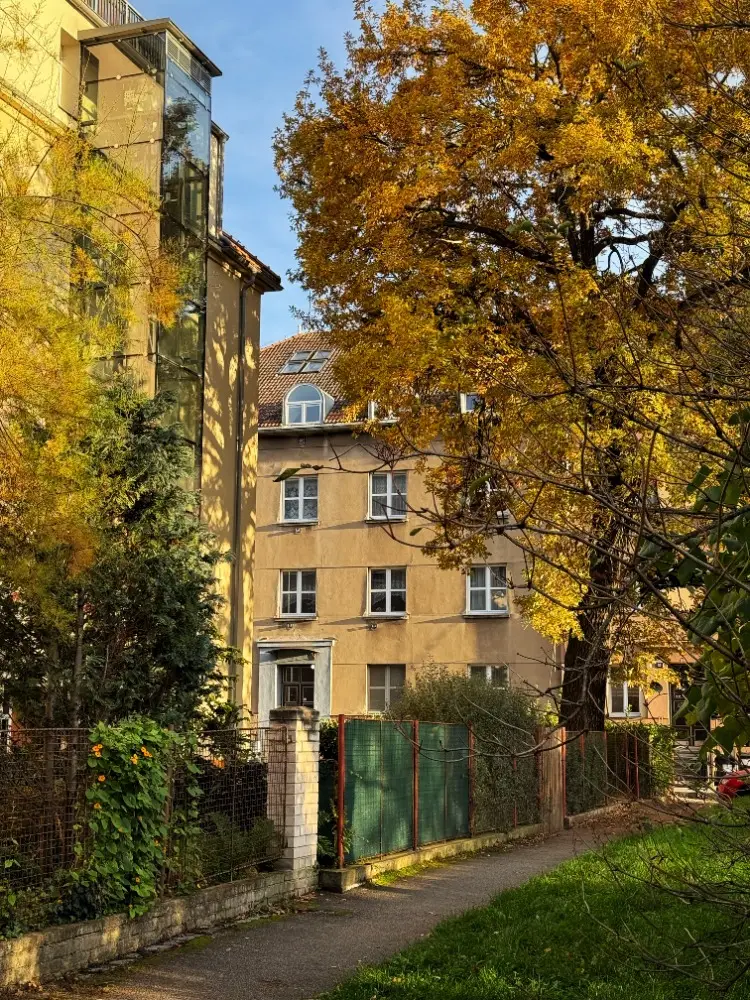 Na fotografii je čtyřpodlažní bytový dům v klidné, zelení obklopené pražské ulici během podzimu.