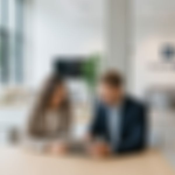Ein Mann und eine Frau in Geschäftskleidung sitzen an einem Tisch und besprechen etwas auf einem Tablet in einem modernen Büroraum mit KAMPA-Logo.