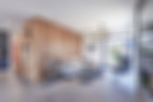 Modernes Wohnzimmer mit einem grauen Sofa, einer Wand aus Holz und runden Couchtischen. Große Fenster sorgen für natürliches Licht.