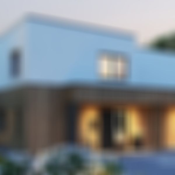 Modernes zweistöckiges Haus mit Holz- und weißer Fassade, großen Fenstern, einem Carport, Garten mit Blumen und stimmungsvoller Beleuchtung am Abend.