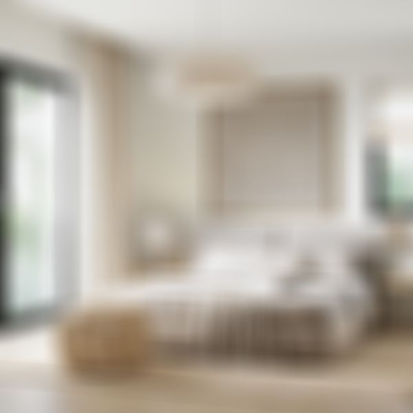 Modernes Schlafzimmer mit einem großen Bett, gewebten Wanddekorationen und einer Rattan-Ottomane. Raumhohe Fenster mit transparenten Vorhängen und einer Topfpflanze.