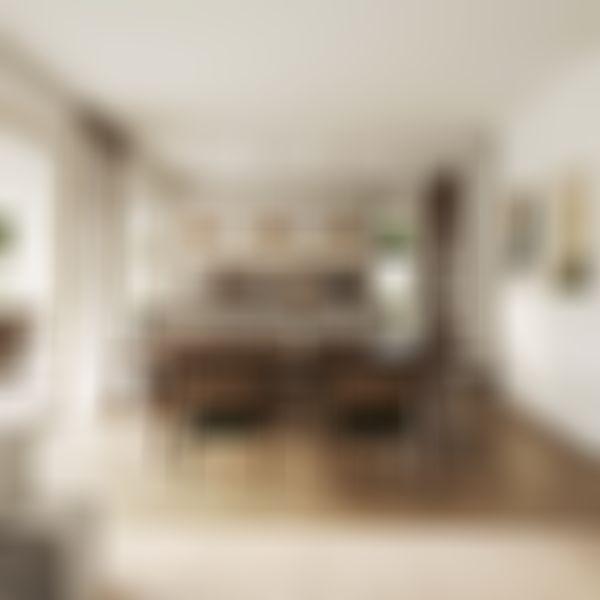 Moderner, offener Ess- und Küchenbereich mit Holzböden, Pendelleuchten, großen Fenstern und Blick auf die Terrasse. Gemütliches und minimalistisches Design.