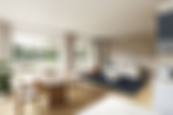 Moderner Wohn-Essbereich mit großen Fenstern, einem beigen Sofa, einem blauen Teppich, einem Esstisch aus Holz und hellen Wänden. Blick auf den Garten draußen.