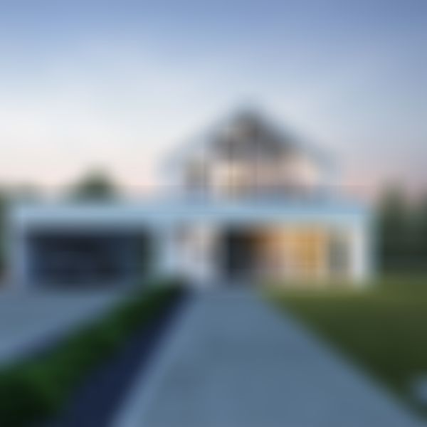 Ein modernes Haus mit elegantem Design, großen Fenstern und einem Carport. In der Abenddämmerung, umgeben von gepflegten Rasenflächen und Bäumen.