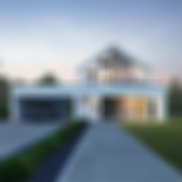 Ein modernes Haus mit elegantem Design, großen Fenstern und einem Carport. In der Abenddämmerung, umgeben von gepflegten Rasenflächen und Bäumen.