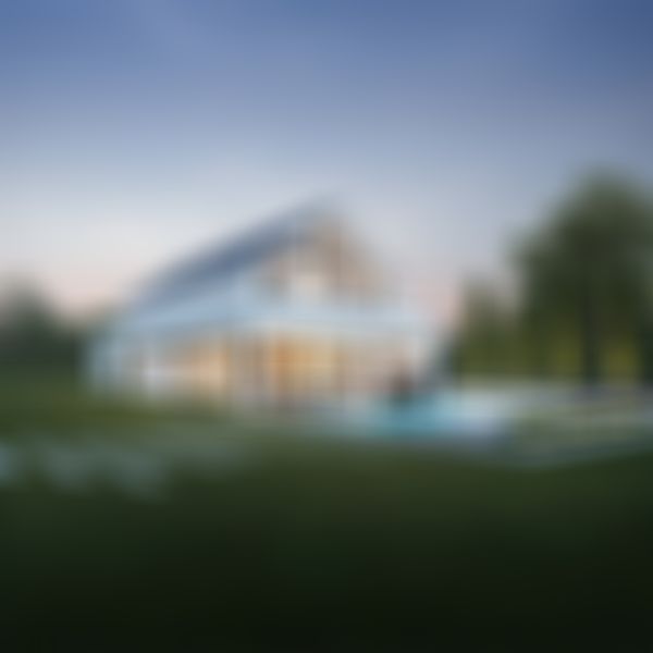 Modernes zweistöckiges Haus mit Satteldach, großen Fenstern, einem Pool, Gartenmöbeln und einem gepflegten Rasen, umgeben von hohen Bäumen.