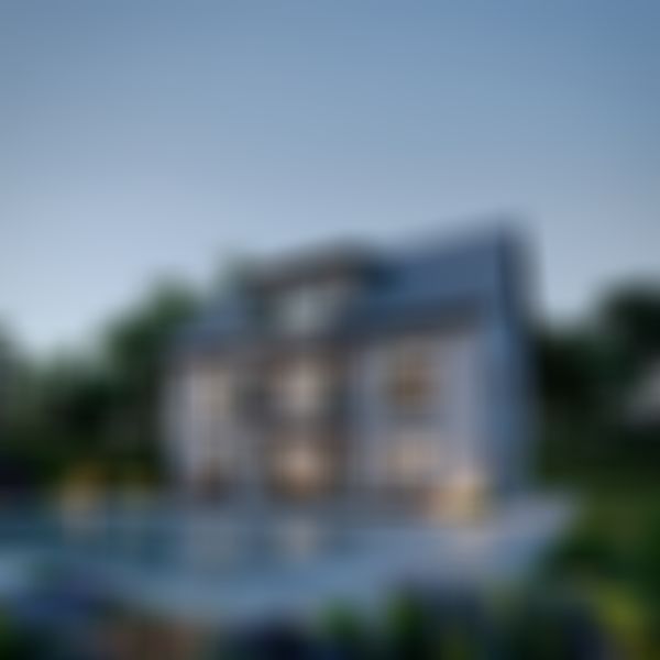 Das KAMPA Mehrfamilienhaus 3.1 ist ein klassische Satteldachhaus mit Quergiebel. Das Bild zeigt die Gartenansicht mit Pool.