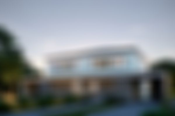 Modernes zweigeschossiges Haus mit Holzakzenten, umgeben von üppigem Grün, unter einem klaren blauen Himmel in der Abenddämmerung.
