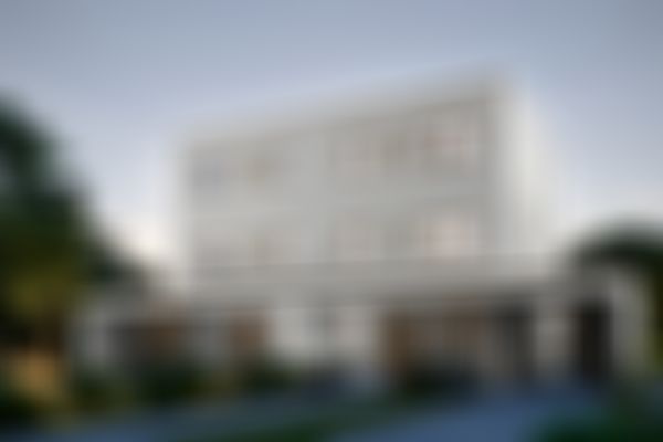 Modernes dreigeschossiges Haus mit großen Fenstern, umgeben von Bäumen und Sträuchern, unter einem klaren Abendhimmel.