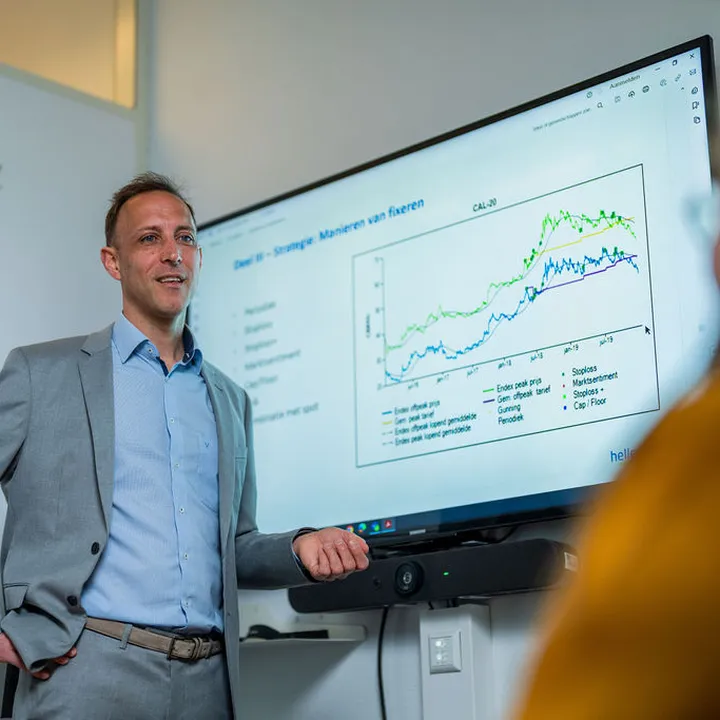 Presentatie van energieverbruiksdata tijdens een strategiebespreking.