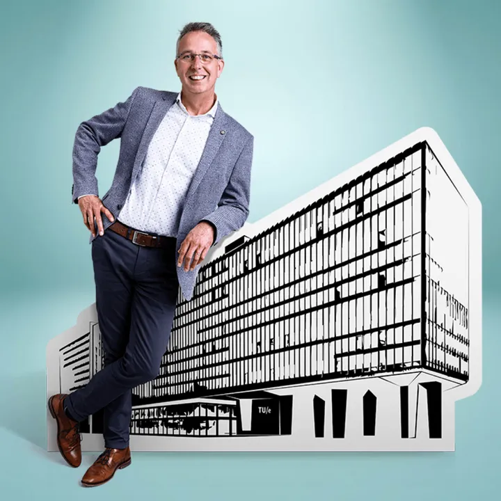 Man in a blazer leans on a large monochrome cutout of a modern building against a turquoise background.