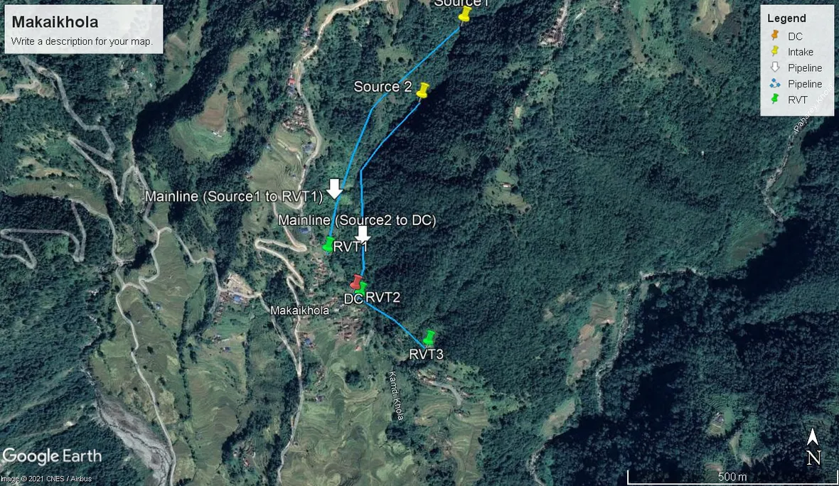 Aerial view map of Makaikhola area showing pipelines, sources, and RVT locations with a legend for DC, intake, pipeline, and RVT.