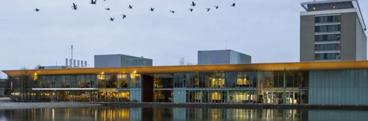 Modern building with large windows and lit interior near a water body; a flock of birds flying above under a cloudy sky.