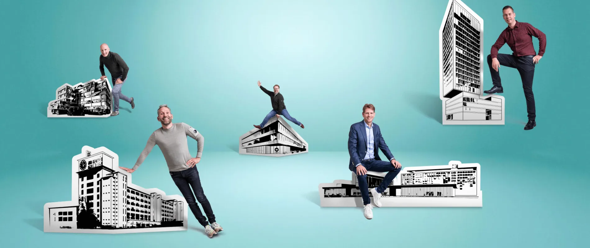 People posing with various black-and-white building cutouts against a blue background. Each individual stands or sits atop a building.