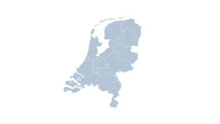 De landkaart van Nederland in het lichtblauw, van boven vallen er locatieprikkers op de kaart die alle locaties van Unica aangeven.