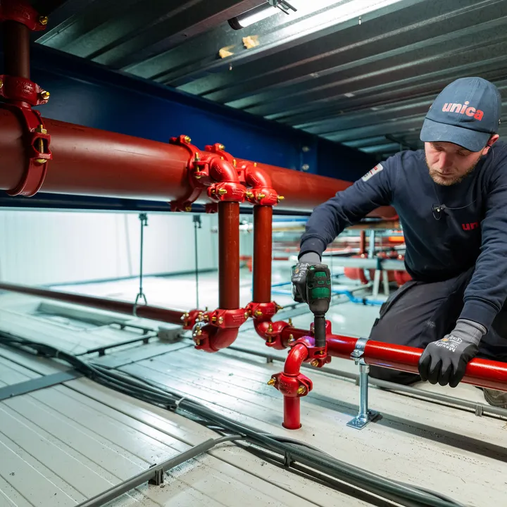 Unica-monteur voert montage- en onderhoudswerkzaamheden uit aan sprinklerleidingen op hoogte.