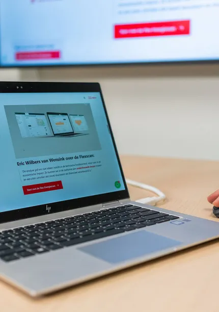 Website van Flexscan met advies over energieverbruik, subsidies (UBS) en consultancy (UES) op laptop in bespreking.