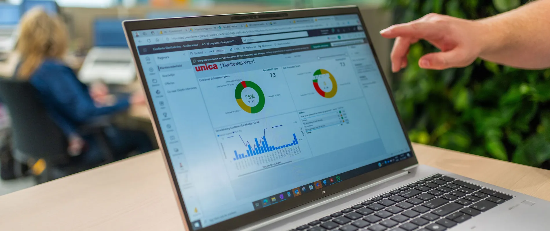 Een medewerker wijst naar een digitaal dashboard met klanttevredenheidsscores op een laptop, met op de achtergrond collega’s in een moderne kantooromgeving.