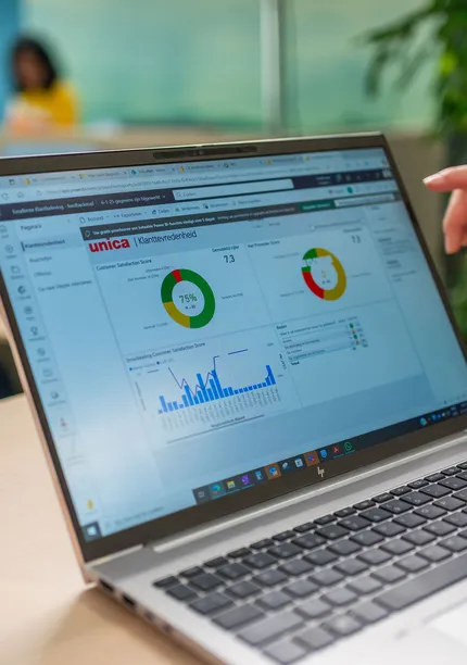 Een medewerker wijst naar een digitaal dashboard met klanttevredenheidsscores op een laptop, met op de achtergrond collega’s in een moderne kantooromgeving.
