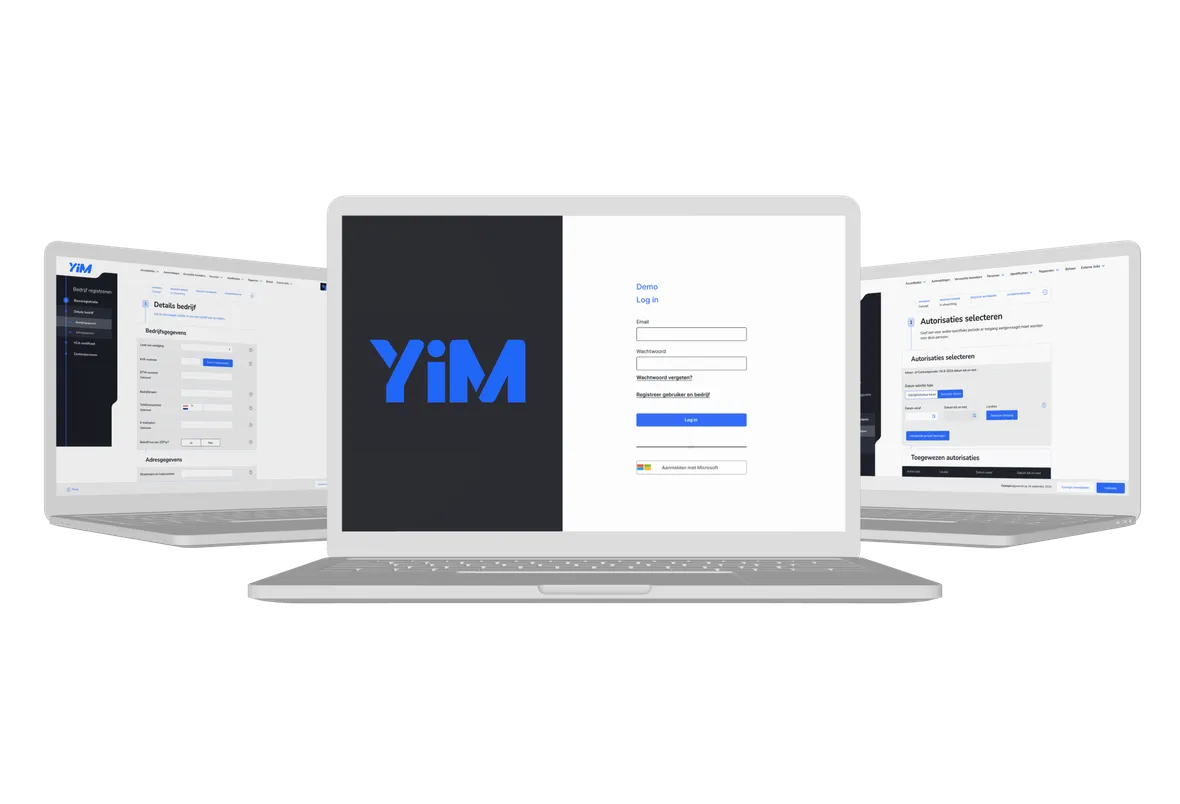 Drie aanzichten van laptops met daarop het YIM platform te zien