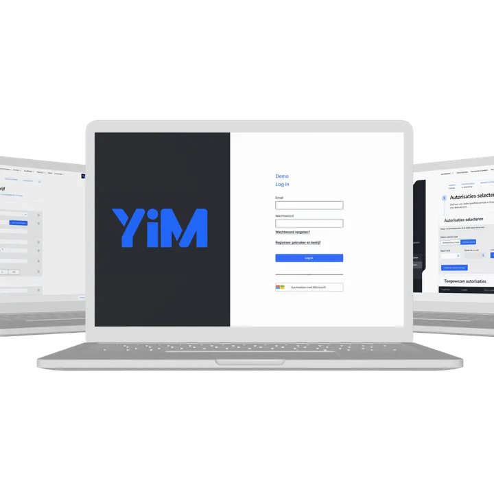 Drie aanzichten van laptops met daarop het YIM platform te zien