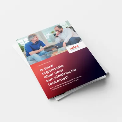 Brochure featuring two people discussing, one with a laptop. Text reads: "Is jouw organisatie klaar voor een elektrische toekomst?"