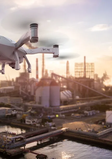 Drone vliegt boven industrie
