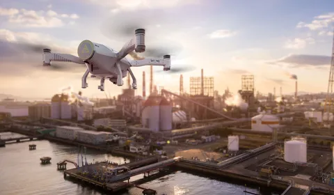 Drone vliegt boven industrie