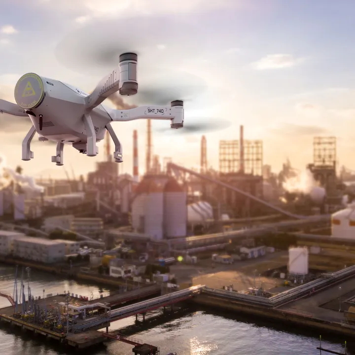 Drone vliegt boven industrie