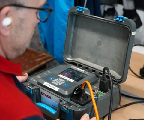 A person in a red and blue uniform operates a portable electrical testing device on a workbench.