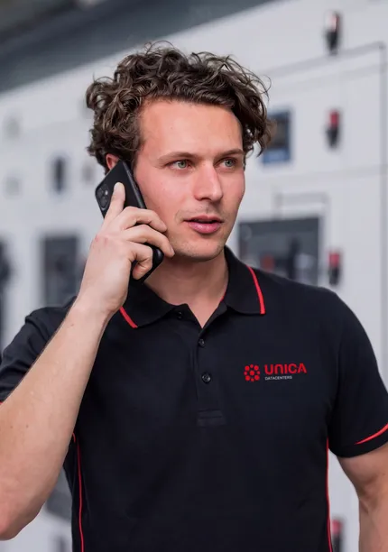 Medewerker in technische ruimte van Digital Realty AMS17 tijdens inspectie.
