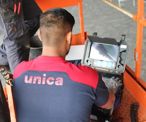 Monteur van Unica voert een leidinginspectie uit met een inspectiecamera