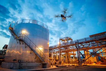 Drone vliegt over een industriële buiten werkplaats