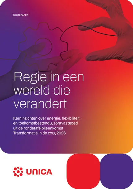 Gloved hands holding a cog shape on a gradient background with Dutch text about healthcare transformation insights, UNICA logo below.
