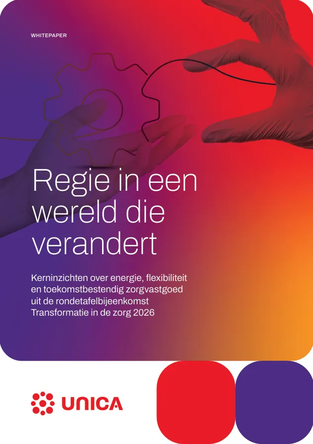 Gloved hands holding a cog shape on a gradient background with Dutch text about healthcare transformation insights, UNICA logo below.