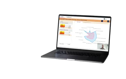 Laptop displaying a web application with charts and a video call in the corner.