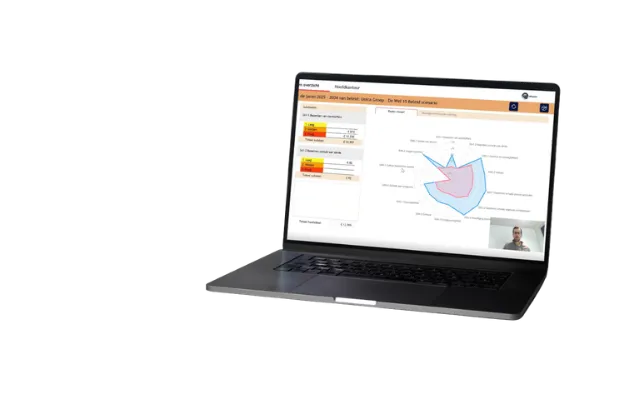 Laptop displaying a web application with charts and a video call in the corner.