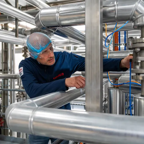 Technicus voert meting of montage uit aan RVS leidingwerk in industriële procesinstallatie